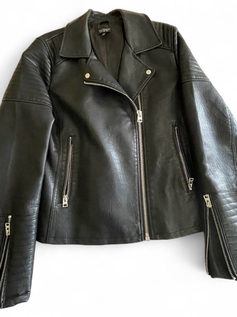 Topshop Black Leather Asymmetrical Biker Jacket